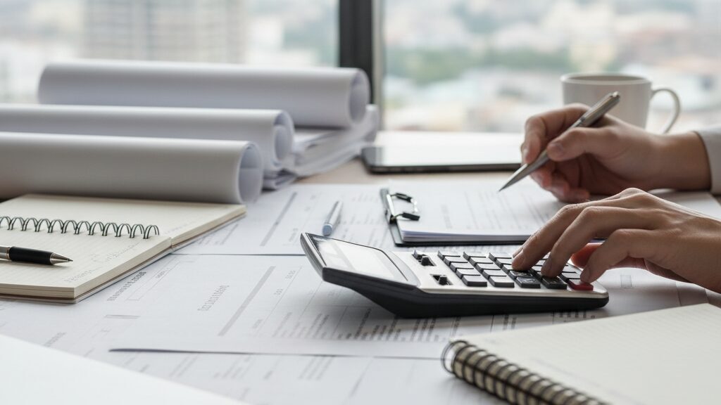 相続税や固定資産税の計算と土地活用による節税対策をイメージした写真