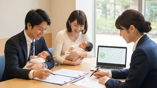 銀行の個室にて銀行の担当者と笑顔で契約書類を確認する家族。自分たちにぴったりのローンを選び、安心感に包まれている様子。