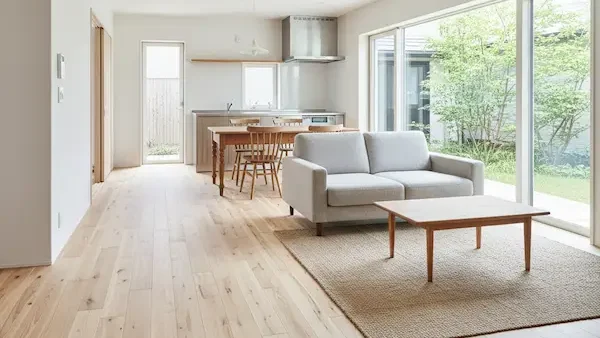 15畳のリビングを広く見せる中庭に面した大きな窓。外の空間と繋がる開放的なリビング。