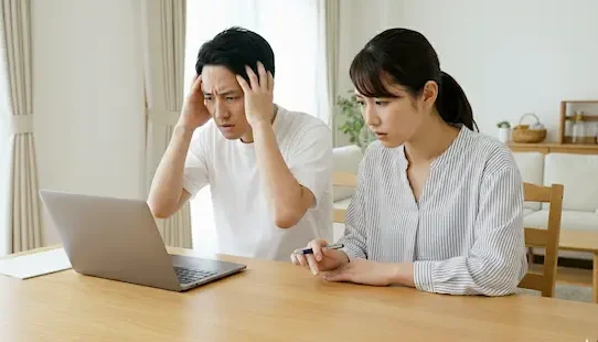 パソコンを前に頭を抱えて悩む夫婦。注文住宅の契約直後に数百万円単位の現金支払いが必要になり、資金繰りに焦るイメージ。