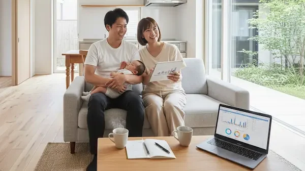 明るいリビングで赤ちゃんを抱きながら、タブレットで資金計画書を笑顔で眺める若い夫婦。理想の注文住宅を建てるための資金相談イメージ。