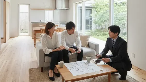 明るいリビングで設計図を広げ、営業担当者と間取りの打ち合わせをする夫婦。今の暮らしをベースにした注文住宅づくりの相談風景。