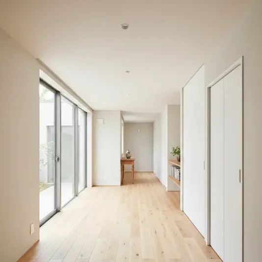 二世帯住宅でプライバシーを守るためにあえて作った廊下。音や視線を遮る間取りの工夫。