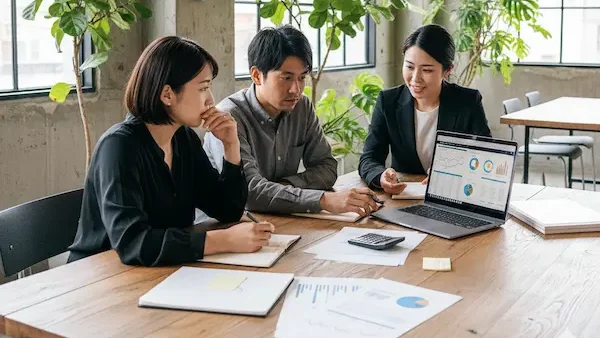 将来のキャリアプランを考えながら、ローンの組み方を真剣に話し合う夫婦のイメージ。出産や育休を見据えた資金シミュレーションの様子。