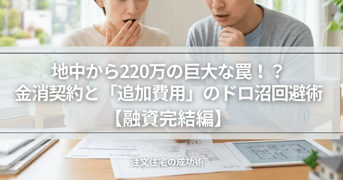 注文住宅の「融資完結編」。地中から見つかった障害物による220万円の追加費用という実体験を元に、金消契約（金銭消費貸借契約）のタイミングと、予期せぬコストアップのドロ沼を回避するプロの知恵を解説。元土地活用営業課長の視点で、家づくりにおける最大の金銭的リスクを伝えるアイキャッチ画像。