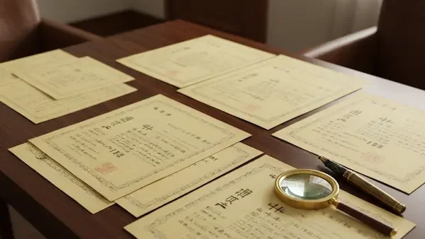 住宅ローンの金消契約当日、司法書士と権利書を確認する家族の様子。土地の権利書が見つからないパニックと手続きのリアルを伝えるイメージ画像。