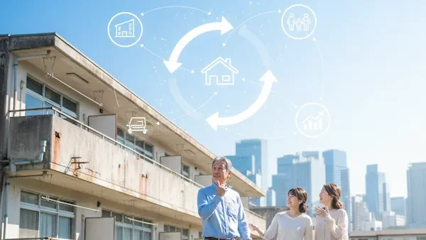 自分の所有している土地について考えている画像。中古を買うか新築を建てるのか未来に向かって家族で検討してるイメージ。