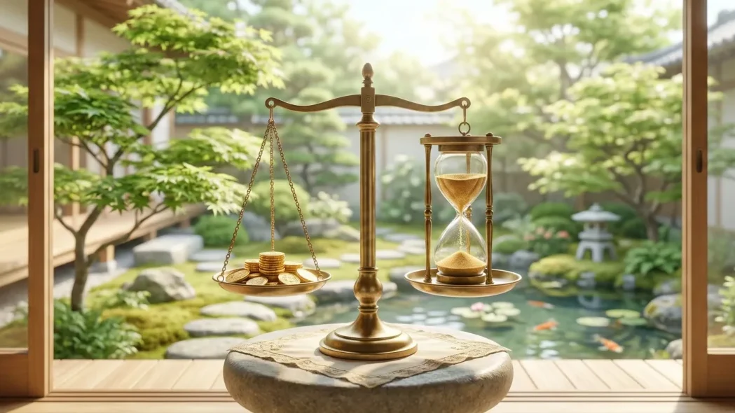 賃貸経営の判断軸。金貨と砂時計(時間)が天秤にかけられたコンセプト画像。背景には平和な生活を思わせる庭園。