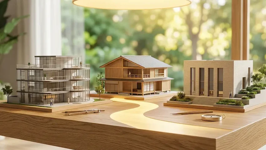自分に合う経営プランを選ぶための、光あふれる木製プラットフォーム上の異なるアパート模型の比較イメージ。