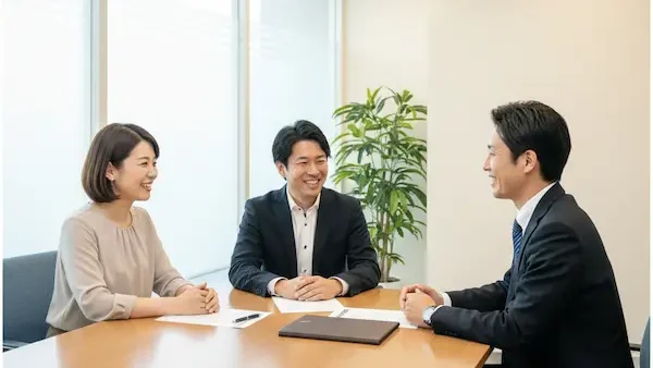 銀行の応接室で笑顔で打ち合わせをする夫婦と銀行員。住宅ローンの金消契約の際に、営業担当者の配慮や銀行員とのやり取りを通じて、建築会社への信頼を再確認した「ほっこりエピソード」をイメージした画像。