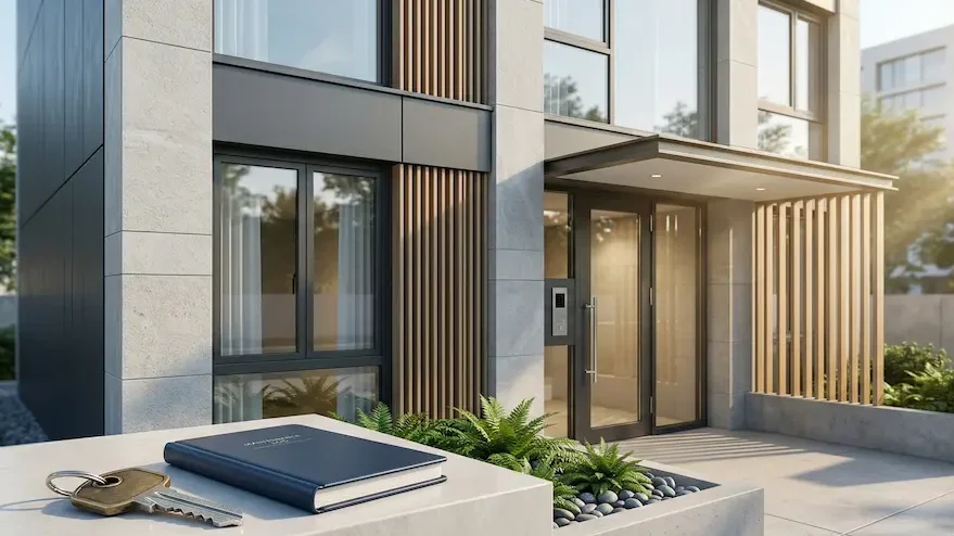 プロによって完璧に管理されたアパートのファサードとマスターキー。サブリースの管理力の象徴。