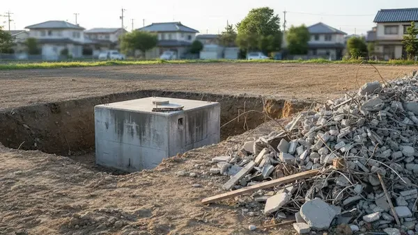 注文住宅の解体後に地中から現れた巨大な浄化槽とガラの写真。220万円の追加費用が発生した地中障害物のトラブル事例。