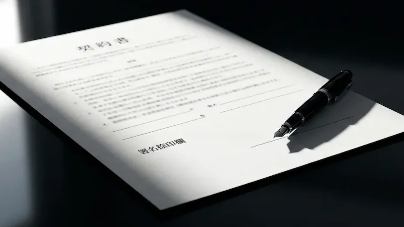 賃貸経営の責任を示す、黒いガラス上の契約書と万年筆。光と影のドラマチックなコントラスト。