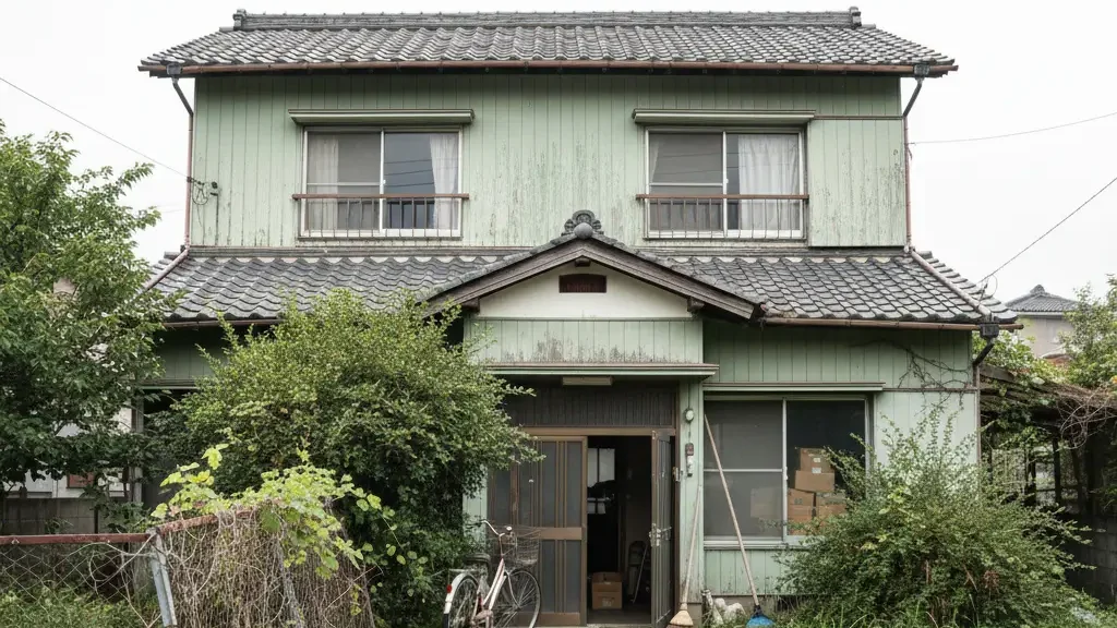 手入れがされず雑草が茂った庭と、窓に荷物が積まれたままの古い二階建ての空き家。所有者が負うべき維持管理や損害賠償リスクを象徴するイメージ画像です。