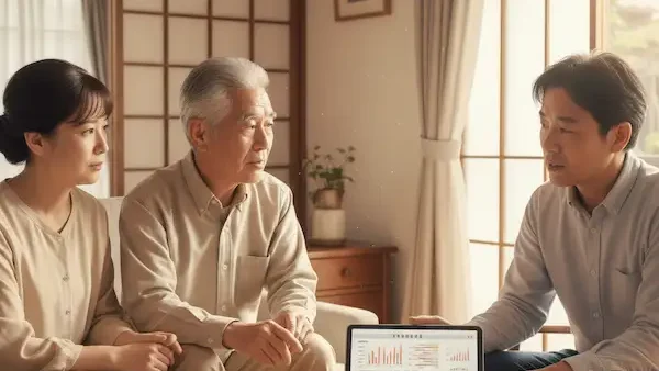 落ち着いた和室で、タブレットに表示された資産評価のデータを見ながら、親子で真剣に実家の将来について話し合っている様子。
