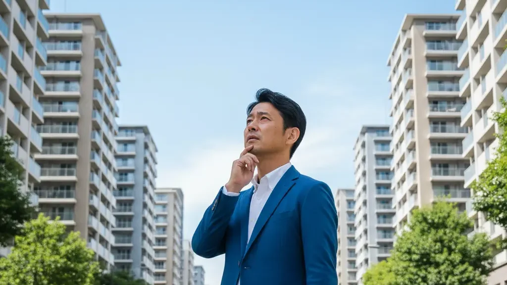 「都内どこでも満室」の甘い罠と賃貸経営の境界線を実際の街を見ながらこの先1うちは大丈夫なのか不安そうにしている男性の画像