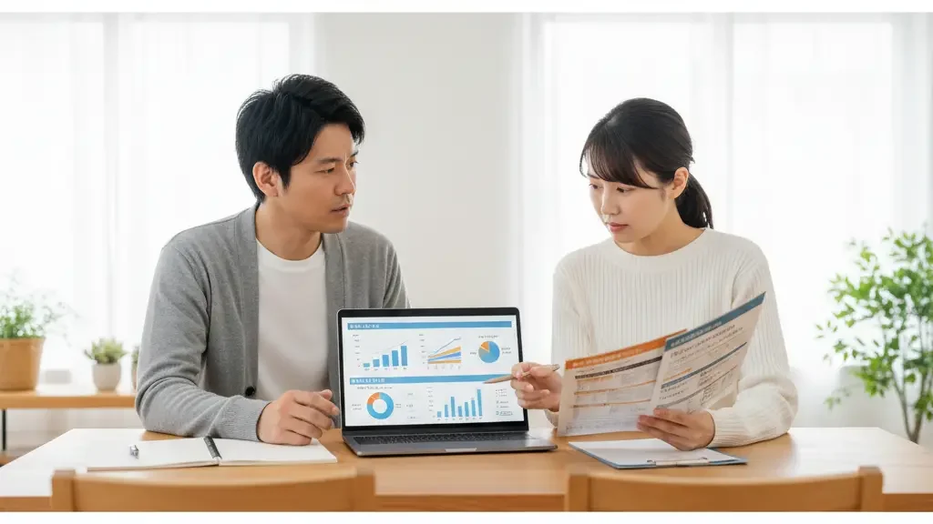 パソコンで賃貸経営の収支シミュレーションを比較・検討する共働き夫婦のイメージ。