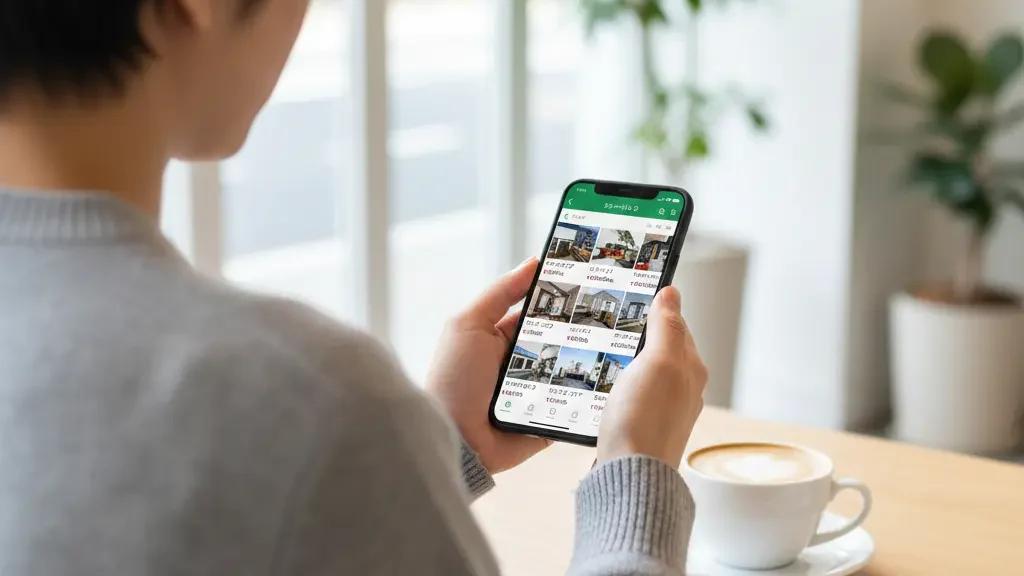 自宅でスマホを使い、不動産サイトで近隣の家賃相場をセルフチェックする男性の様子