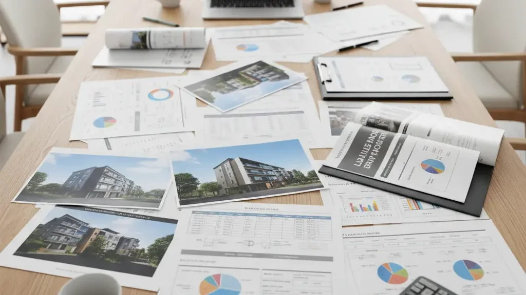 比較検討するために複数社からプランをもらってテーブルに並べている様子の画像。これからどのプランがいいか悩む様子