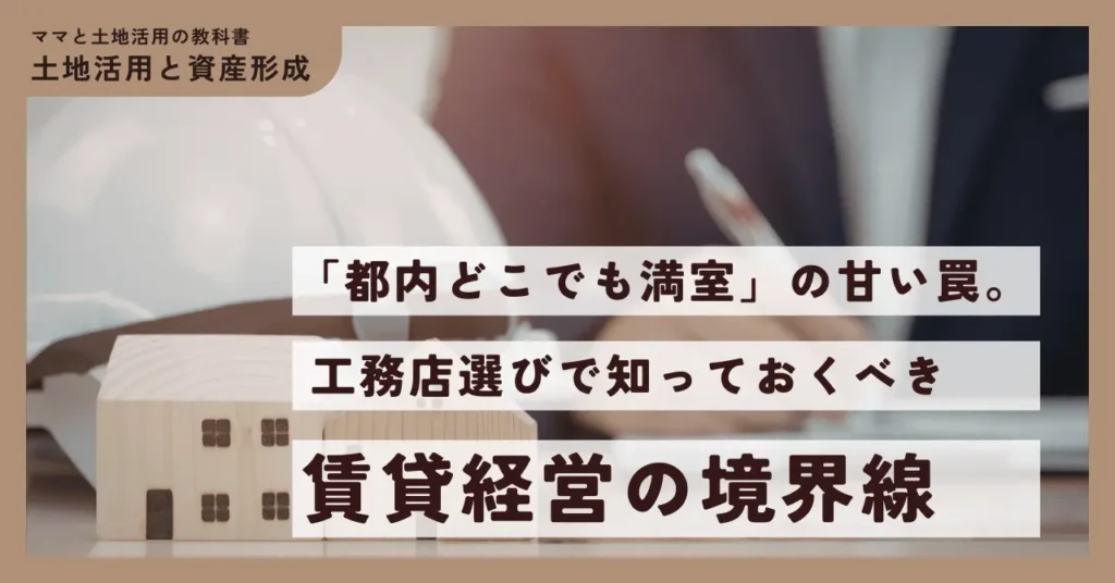 「土地活用と資産形成」というロゴとともに、「都内どこでも満室」の甘い罠、工務店選びで知っておくべき「賃貸経営の境界線」というタイトルが記載されたアイキャッチ画像。背景には、木製の住宅模型と、ペンを持って書類を検討するプロフェッショナルの手元がボケ味を活かして配置されています。