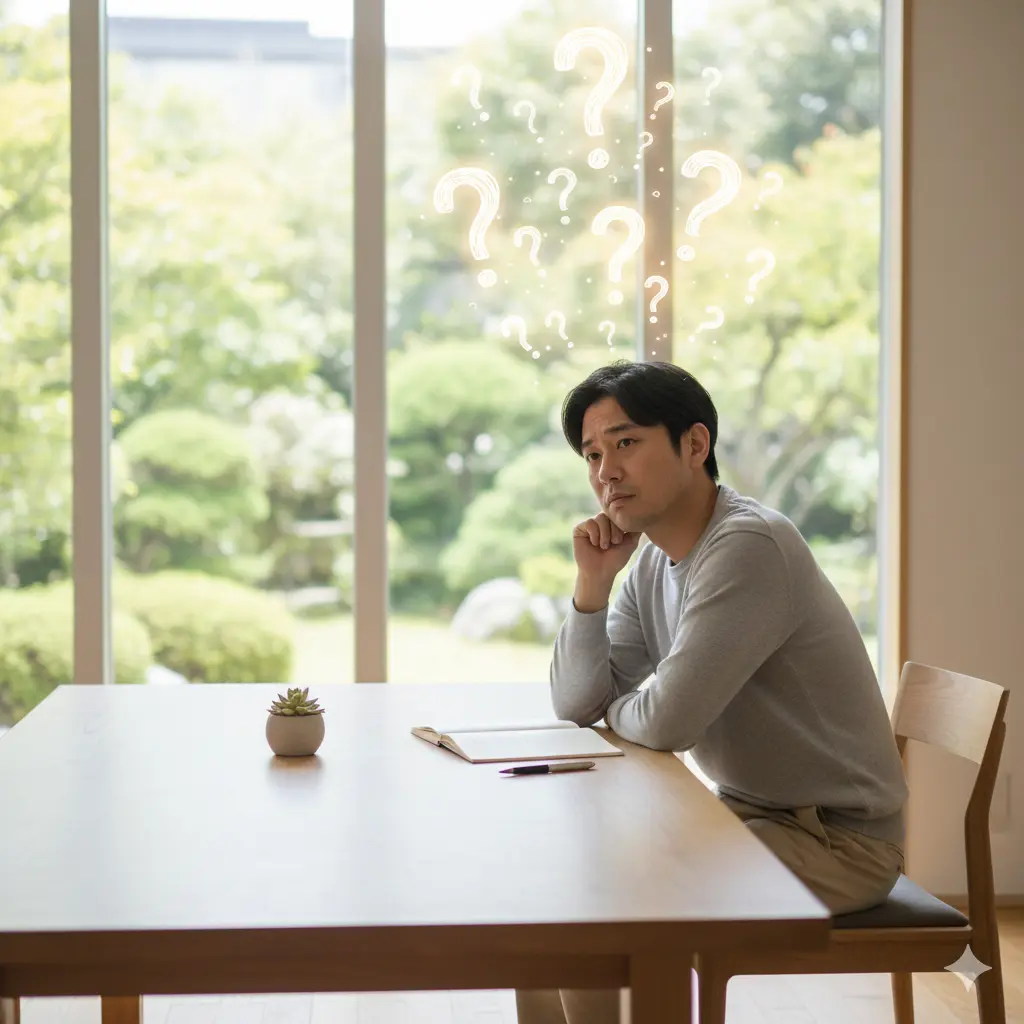 明るい窓際で、机に向かいながら「？」マークを頭に浮かべて考え込む男性の画像。土地活用に興味はあるけれど、情報が多くて何から始めればいいか迷い、少し億劫に感じている読者の心境を表現している。