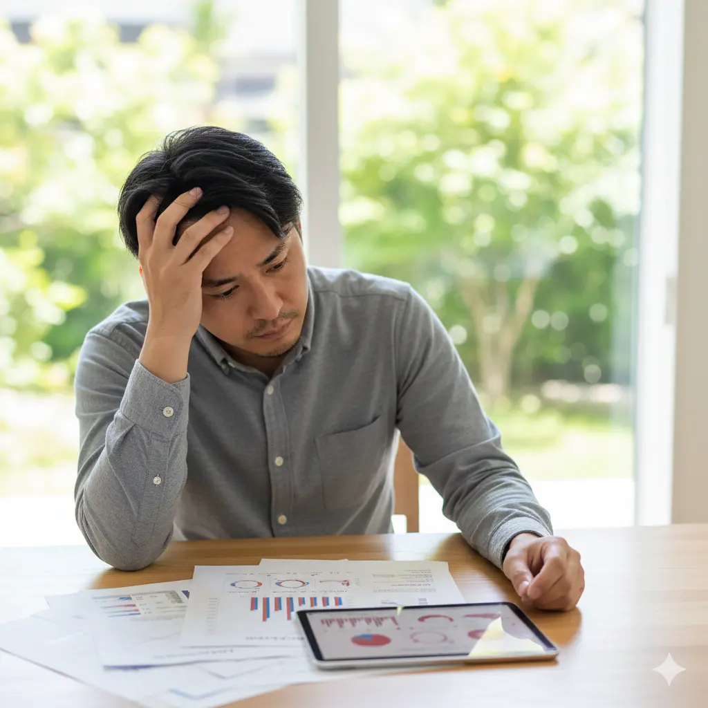 机の上にある難しいグラフやタブレットの数字を見ながら、頭を抱えて悩んでいる男性。目先の利益や資産額といった「他人軸」に捉われ、本来の目的を見失って苦悩している様子を描いたイメージ。