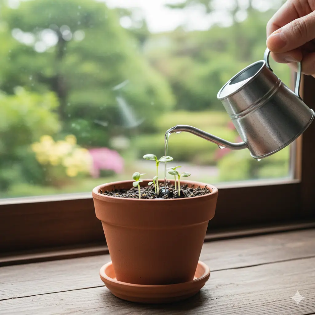 窓際の明るい場所で、植木鉢から出た小さな新芽に、じょうろで丁寧に水を注いでいる手元のアップ画像。自分らしい未来という「種」に、お金という「水」を注いで大切に育てていく土地活用の比喩を表現している。