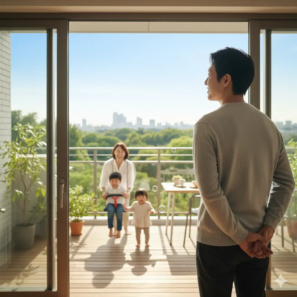 明るいテラスで楽しそうに遊ぶ妻と子供たちを、室内から温かく見守る男性の背中。土地活用という手段を通じて手に入れた、家族との穏やかでワクワクする日常と、自由な未来を象徴するビジュアル。