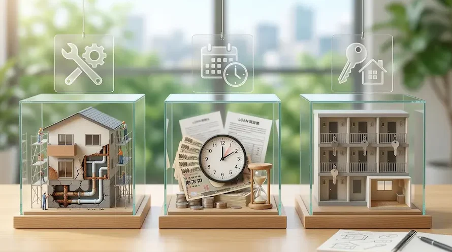 不動産投資の3大要素である「建物修繕」「ローン・資金計画」「賃貸管理」を象徴するジオラマ模型。中古アパート投資における給排水管のリスク、融資期間、空室対策の重要性を視覚的に解説しており、元土地活用営業課長が教える「失敗しない物件選び」の象徴として使用。