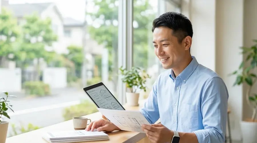 明るいオフィスやカフェのような空間で、笑顔の男性がタブレットや図面資料を確認している様子。注文住宅の打ち合わせや、専門家への個別相談(トウシェルなど)を通じて、理想の家づくりや資産形成のプランを前向きに検討しているイメージを表現。