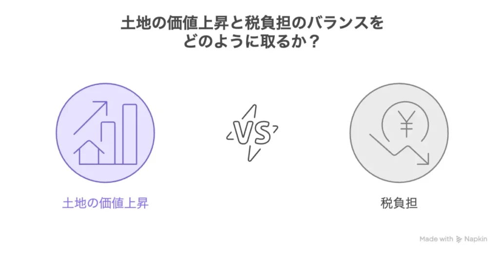 土地の価値が上がる一方で、税金の負担も増えるという「ジレンマ」を説明する画像です。 土地の価値上昇による資産増と、それに伴う税負担の増加を比較し、そのバランスの重要性を問う図解 「土地の価値上昇」と「税負担」がVS（対比）の形で並び、資産価値が上がっても現金支出である税金も増えるというリスクを示す概念図