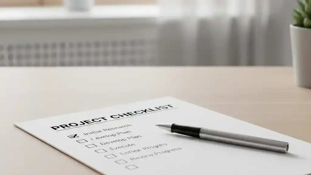 明るいデスクの上に置かれた「PROJECT CHECKLIST」と書かれた書類とペン。土地活用の出口戦略や目的を確認し、経営の軸をぶらさないためのセルフチェックの様子。