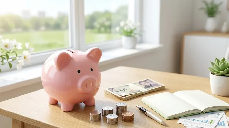 木目調のデスクに置かれたピンクの豚の貯金箱、日本円の札束、積み上げられた硬貨、そして開かれたノート。中古アパート投資による減価償却と損益通算での「節税効果」や、本業の所得と合わせた賢い資産形成をイメージし、高額所得者向けの資金メリットを解説。