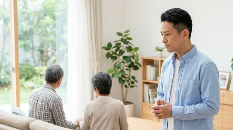 家族の和解と未来への準備を象徴するイメージ図。日当たりの良いリビングで、親子が腹を割って話し合い、信頼関係を築いている様子を視覚化している。