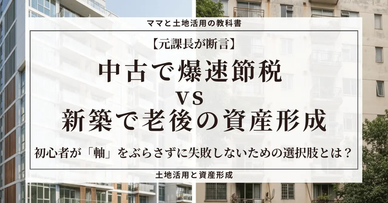 ブログ「ママと土地活用の教科書」のアイキャッチ画像。左側に新しい高層マンション、右側に年月の経過を感じさせるマンションの写真を配置し、「【元課長が断言】中古で爆速節税 VS 新築で老後の資産形成｜初心者が『軸』をぶらさずに失敗しないための選択肢とは？」というタイトル文字が中央にデザインされた比較イメージ。