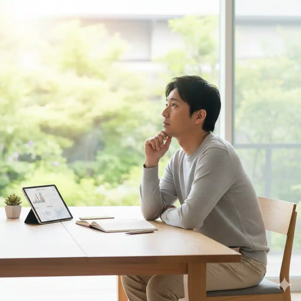 窓際のリビングデスクで、タブレットのグラフを見ながら将来の資産形成について真剣に考え込んでいる男性。「現金」か「相続」か「老後の資産形成」かどれが自分のライフプランに合った最適な選択肢を模索している様子。