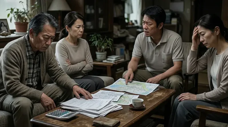 共有名義によるトラブルの深刻さを象徴するイメージ図。絡まったグレーの糸が、土地の権利関係で行き詰まった家族の空気感と、そこからの脱出を願う心理を視覚化している。