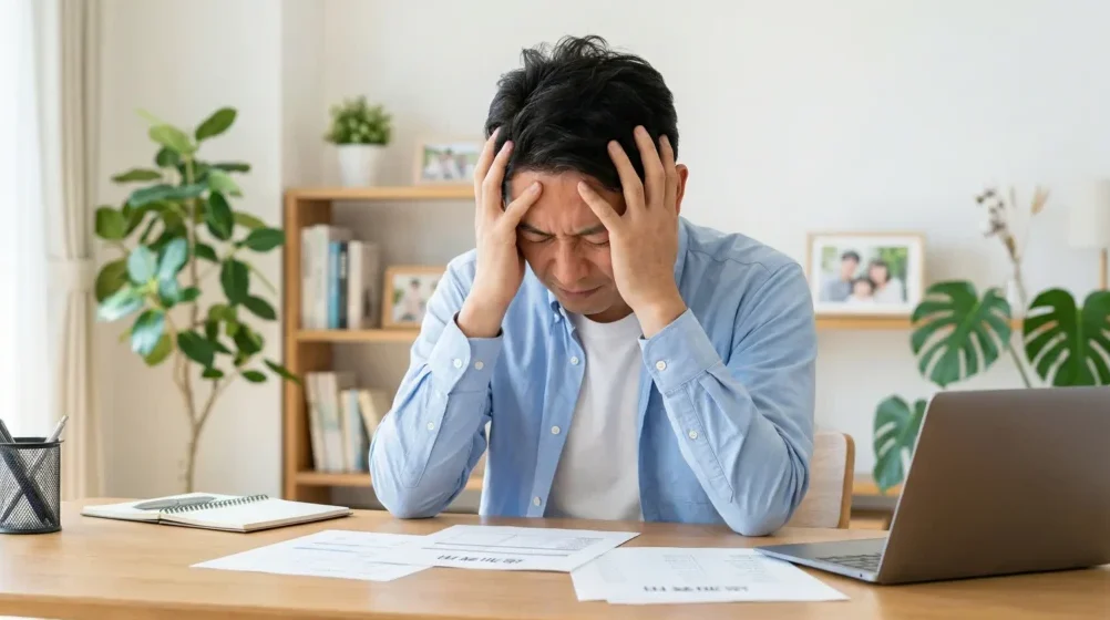 自宅のデスクで頭を抱え、深刻な表情で悩む男性。手元には書類があり、将来の相続や親の介護資金（資産凍結）について不安や悩みを抱えている様子を表している。