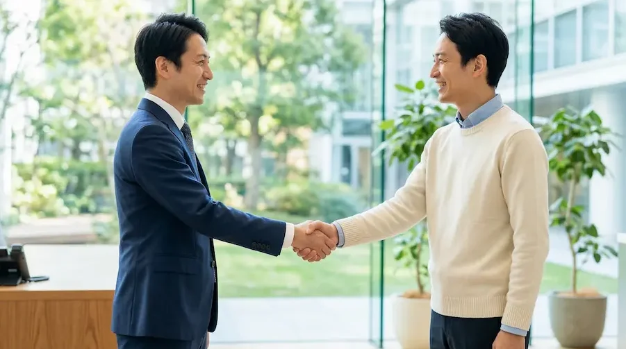 明るく開放的なオフィスで、スーツ姿の不動産コンサルタントと、カジュアルな私服の男性オーナーが笑顔で握手をしている様子。元土地活用営業課長が教える「失敗しない中古アパート投資」において、隠れた修繕リスクを見抜き、安定した資産形成をサポートしてくれる信頼できる専門家パートナーとの出会いと提携(トウシェルなど)を表現している。