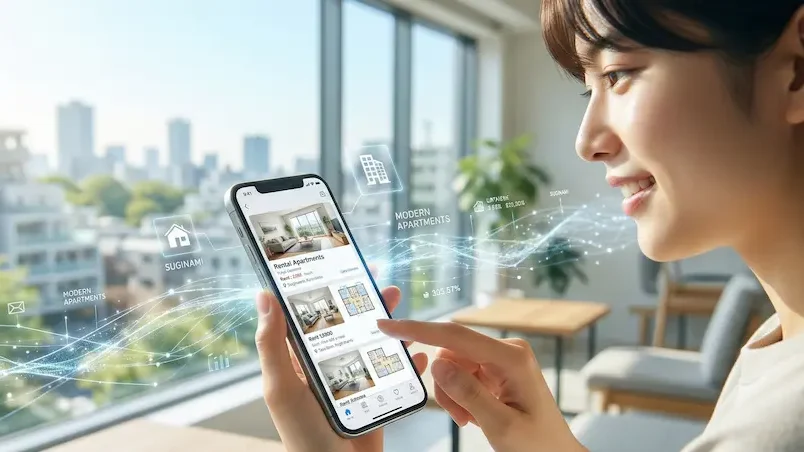 明るいリビングの窓際で、笑顔の女性がスマートフォンを操作して不動産市場の調査を行っている様子。スマートフォンの画面からは「SUUMO」や「LIFULL HOME'S」をイメージした物件情報やデータがデジタルエフェクトとして浮かび上がり、最新のITツールを活用して賢く賃貸経営のプランを練る「事業主」としての姿を表現している。