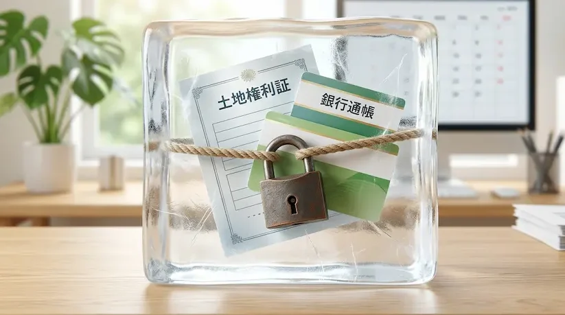 「凍結された資産」を象徴するイメージ図。美しくも冷たい氷に閉ざされた鍵が、後見人制度がついた瞬間に土地活用や相続対策が法的に不可能になる現実を視覚化している。