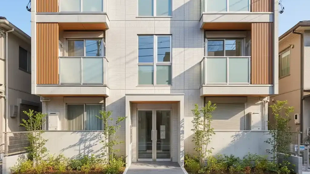 モダンで清潔感のある3階建て新築アパートの正面外観。最新の設備と耐震基準を備え、修繕リスクが低く資産価値が安定している、初心者に適した新築物件のイメージ。