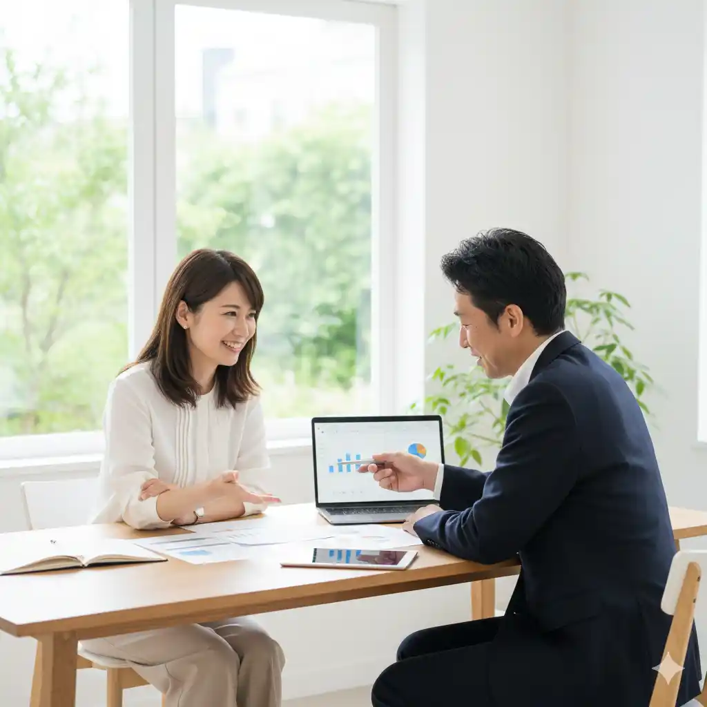 明るいオフィスで、笑顔の女性がノートパソコンでデータを見せながら、専門家と中立な立場で不動産投資の相談をしている風景。自分に合った投資軸を見つけるための無料相談のイメージ。