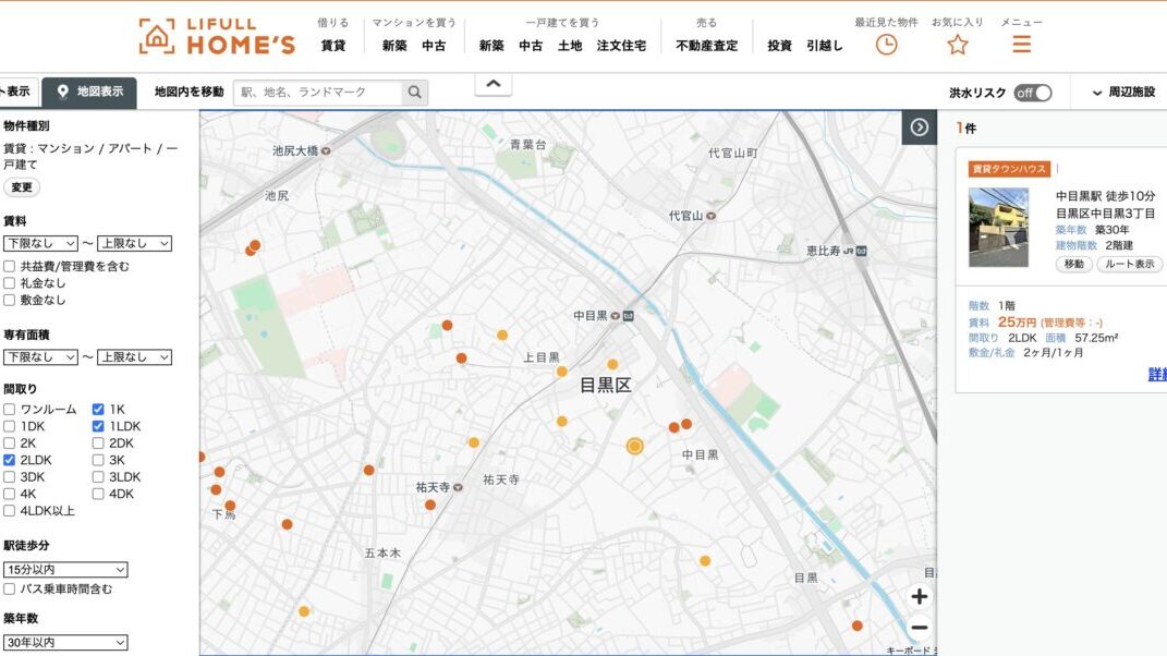 LIFULL HOME'S(ホームズ)の地図表示画面。東京都目黒区周辺の地図上に、多数の募集物件がオレンジ色のピンで表示されており、近隣の供給状況を一目で把握できる市場調査の様子。