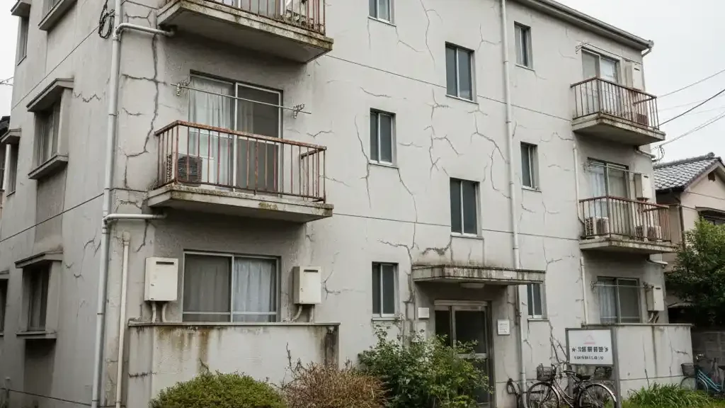 築年数が経過し、外壁にひび割れや経年変化が見られる3階建ての中古アパートの外観。4年という短期間で減価償却費を計上し、爆速節税を狙う中古物件のリアルな現状。