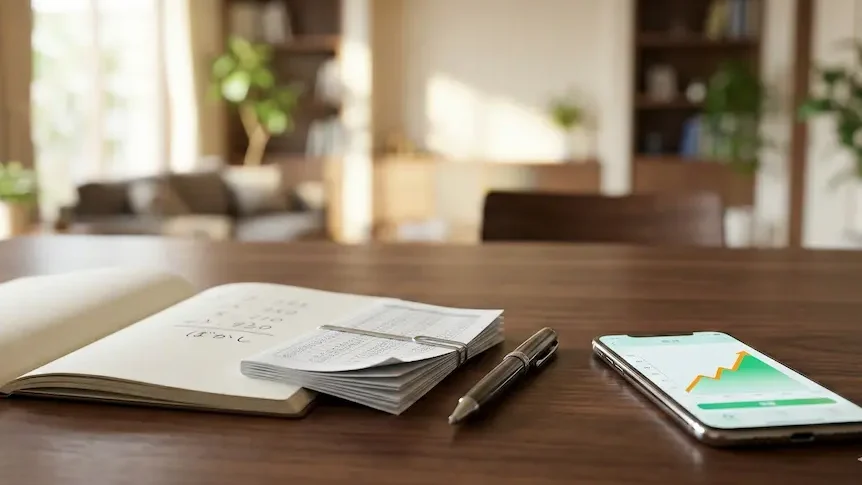 「自分自身の納得感」を象徴する、計算データが置かれたテーブルと、その奥で穏やかに過ごす家族。