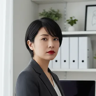 「ママと土地活用の教科書」運営者、ママ課長の近影。黒髪ショートヘアで赤い口紅が印象的な女性が、白を基調とした整理されたオフィス(本棚、観葉植物、PC、住宅模型)の前で、知的で落ち着いた表情で座っている。