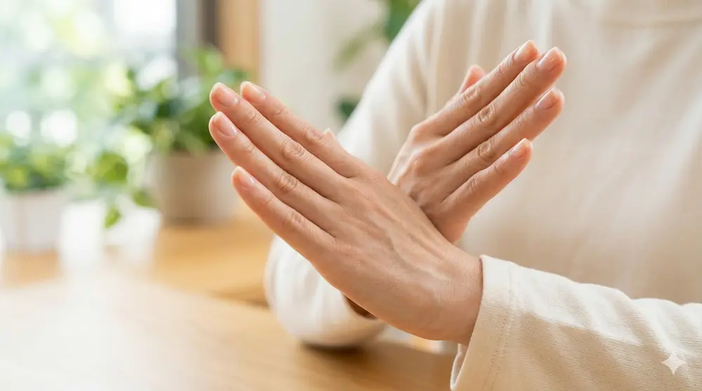 明るい室内で、女性が両手を交差させて「×（バツ）」のサインを作っている様子。
女性の手前には木製のテーブルがあり、背景には観葉植物が置かれ、全体的にナチュラルで落ち着いた雰囲気。
女性の手は、手の甲をカメラに向け、左右の手を斜めに重ねて、はっきりと否定や拒否、またはNOの意思を伝えている。