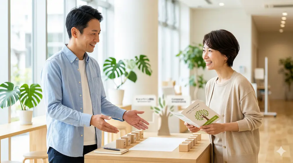 【画像：無料相談】スマートソーラーの明るい相談窓口で、技術屋魂を持った男性スタッフからパンフレットを受け取り、笑顔で話を聞く女性。