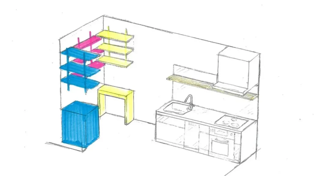 手書きによるカラフルなL字型キッチンおよびパントリー空間のパース図。青、ピンク、黄色のマーカーで着色された冷蔵庫、作業台、オープンシェルフが、鉛筆書きのキッチン設備と組み合わさっている。